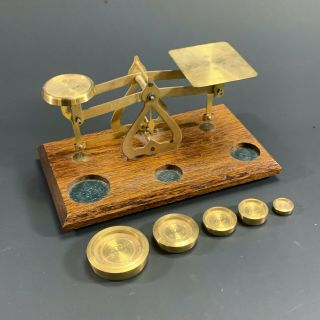 Stunning Set Vintage English Brass Postal Scales & Brass Weights Apothecary