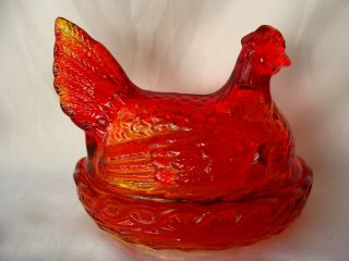 Vintage L E Smith Amberina Hen On Nest Candy Dish In Excellant