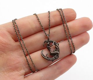 925 Sterling Silver - Vintage Woman & Crescent Moon Face Chain Necklace - N3059
