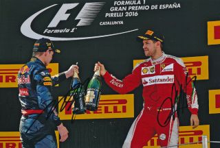 Max Verstappen & Sebastian Vettel Signed 8x12 Inche 2016 Red Bull F1 Spain Photo