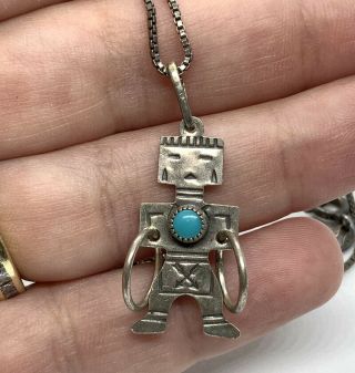 Vintage Navajo Sterling Turquoise Kachina Small Charm Pendant 18” Necklace