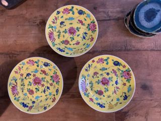 Vintage 7 " 3 Chinese Porcelain Floral Hand Painted Plates Yellow Red Mark