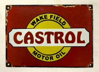 Vintage Porcelain Castrol Wakefield Motor Oil 10 3/4” X 7 3/4” Enamel Sign
