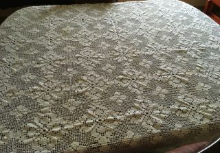 Vtg Hand Crochet Cotton White Tablecloth Coverlet Bedspread 80”x 60