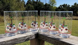 Vintage Snowman Drinking Glasses Set Of 6 16.  Oz Tumblers Christmas Holiday