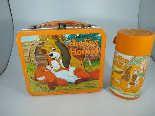 Vintage Metal Walt Disney “fox And The Hound” Lunch Box With Thermos