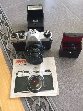 Pentax Asahi K1000 35mm Slr Film Camera With 1:2 50mm Lens And Macro Lens
