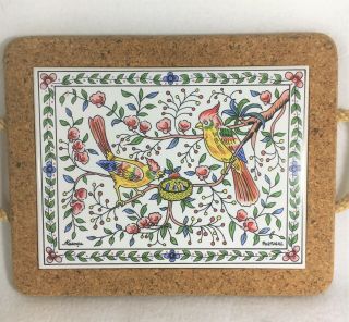 Vintage Hand Painted Tile Portugal Birds Nest Ceres Coimbra Tray Signed Pristine