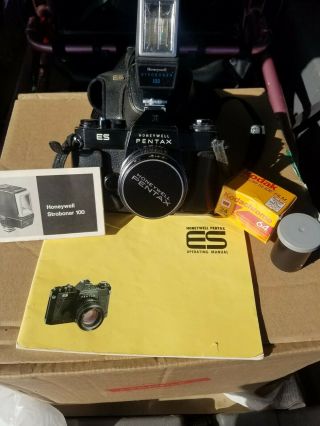 Honeywell Pentax Es 35mm Slr Film Camera & Lenses Takumar 1.  4/50,  Flash 100