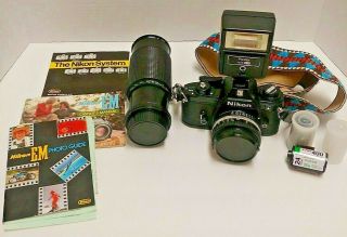 Nikon Em 35 Mm Slr Film Camera Vivitar Flash Extra Lens Books Film Strap
