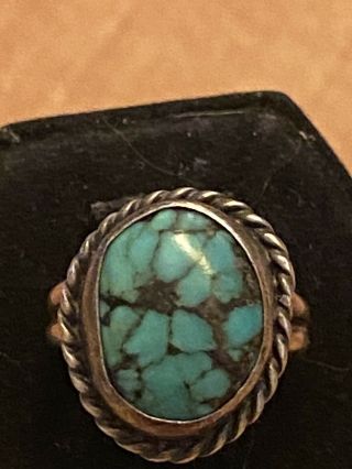 Vintage Old Pawn Navajo Spider Web Turquoise Sterling Silver Ring Sz.  4.  5