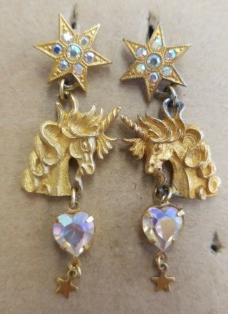 Vintage Kirks Folly Gold Tone Ab Crystal Unicorn Pierced Earrings