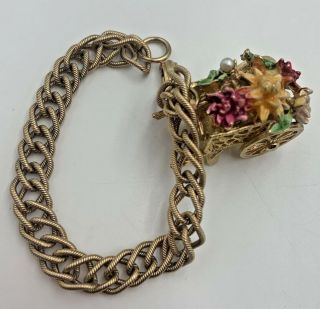 Vintage Bsk My Fair Lady Enamel Flower Cart Charm Gold Tone Link Bracelet