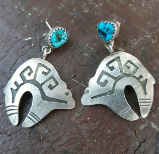 Vintage Native American Navajo Sterling Silver Turquoise Bear Earrings Handmade