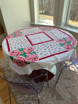 Vintage Tablecloth Printed Cotton Roses Flowers 1940s Era 50”x50”
