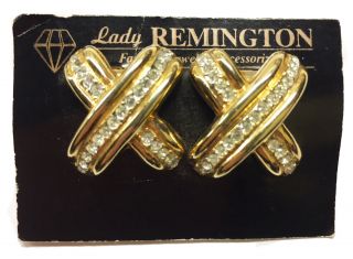 Vtg Lady Remington (lr) Signed X Rhinestone Clip - On Earrings On Card