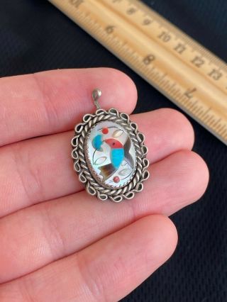 Vintage Et Native American Sterling Silver Turquoise Inlay Pearl Bird Pendant