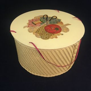 Vtg 1940s Yellow Princess Round Wicker Sewing Basket Made In Algonquin,  Il
