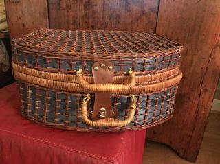 Vtg Wicker Picnic Basket For 4 Suitcase Style Blue Gingham Blue Brown Woven