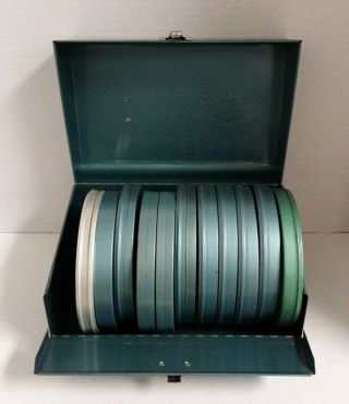 Blue Metal 8mm Movie Reel Case With 10 Reels In Tins