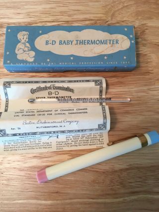 Baby Fever Thermometer Glass Becton Dickinson Bd Vintage W/ Box Certificate 1956