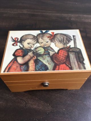Vtg Thorens Switzerland Wood Music Box,  3 Little Girls Hummel Art