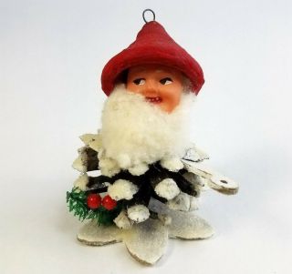 Vintage Pinecone Christmas Elf Santa Gnome Ornament Cotton Beard Teeth Mica