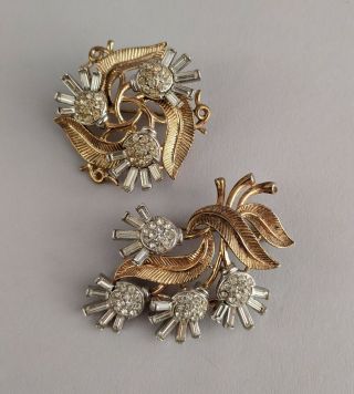 2 Vintage Crown Trifari Rhinestone & Gold Thistle Pins Alfred Philippe Radiance