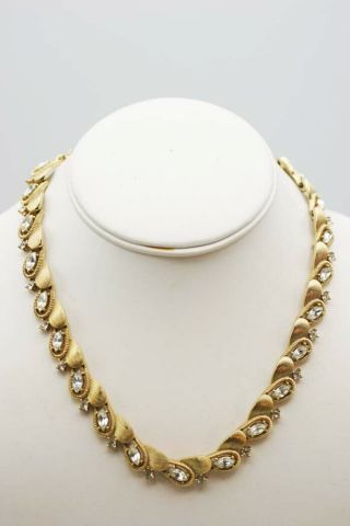 Vintage Trifari Brushed Gold Tone Marquis Rhinestone Modernist Necklace