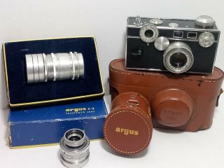 Argus Cintar C3 35mm Camera F/3.  5 50mm Lens W/ Leather Case And Lenses