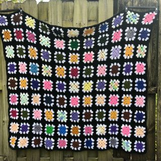 Vintage Handmade Crochet Black Granny Square Bedspread Afghan Blanket Throw