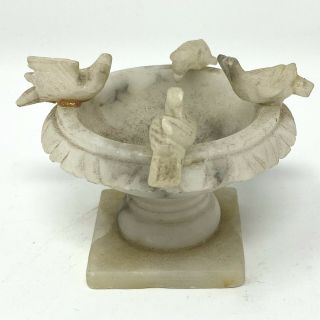 Vintage Italian Hand Carved Alabaster & Marble 3.  25 " Bird Bath W/ 4 Birds On Rim