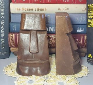 Vtg Tiki Head Easter Island Wood Carved Book Ends