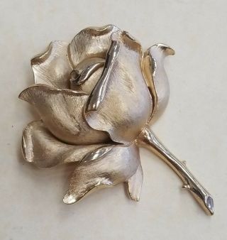 Large Vintage Crown Trifari Rose Flower Brooch Gold Tone Estate Pin