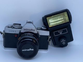 Vintage Minolta Cg1 35mm Camera With Vivitar 283 Flash - Both As - Is
