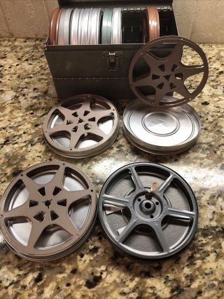 Vtg 12 Movie Reels & Storage Cases In Metal Box 8.  5 " X6.  5 " X6.  5 " Goldberg Kodak