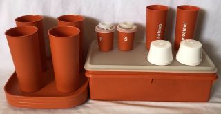 Vintage Tupperware Picnic Set For 4 Red Orange Euc