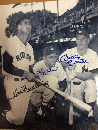 Autograph Ted Williams,  Yogi Berra,  Mickey Mantle 8x10 B&w Photo With