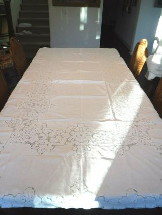 Vintage White Cut Work Table Cloth With 12 Matching Napkins 95 " X 68 "