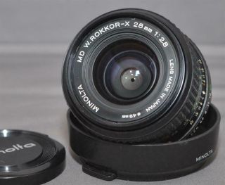 Minolta Md W.  Rokkor - X 28mm 1:2.  8 Slr Prime Lens W/ Shade [sk]