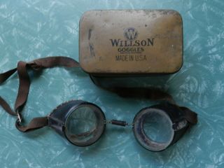 Vintage Willson Safety Goggles In Tin Advertising Case Box Aviator Motorcycle