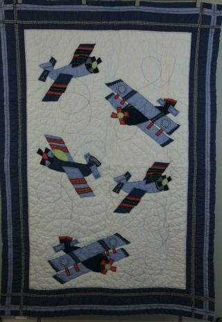 Pottery Barn Kids Vintage Airplane Quilt Crib Toddler Bed Blanket Wall Hanging 2