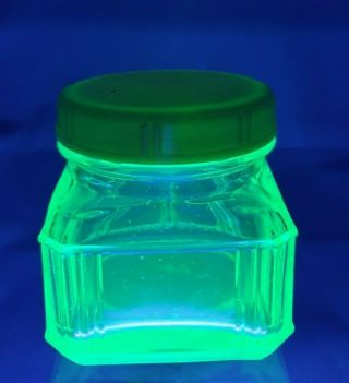 Vintage Uranium Green Depression Glass Storage Jar Yellow Plastic Lid 6.  5cm