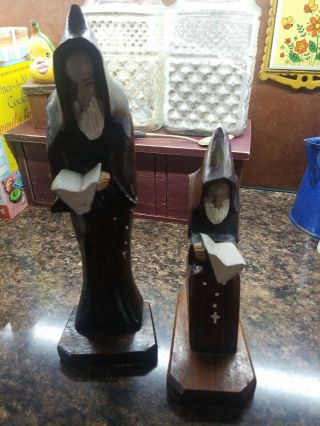 Pair Vintage Wooden Carved Christian Friar Priest Monk Statues Figurines Mexico