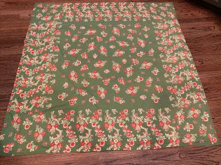 Vintage Styled Cotton Tablecloth Green Red Pink Floral Xochi Mcm Style 52x52 "