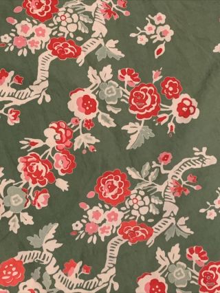Vintage Styled Cotton Tablecloth Green Red Pink Floral Xochi MCM Style 52x52 