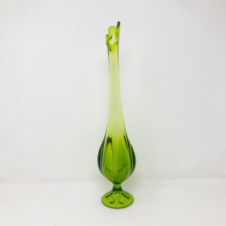 Vintage Viking Glass Epic Line Six Petal Green Swung Stretched Vase 16” Tall
