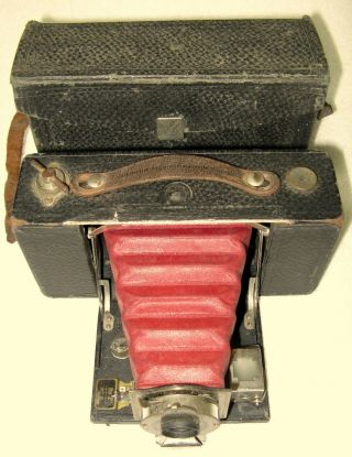 Ca 1908 Kodak No.  2 Folding Pocket Brownie Red Bellows Model B Camera & Case