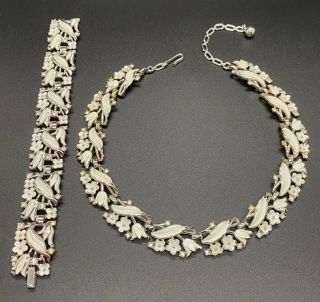 Vintage Trifari White Enamel And Rhinestone Necklace And Bracelet Set Floral Mot