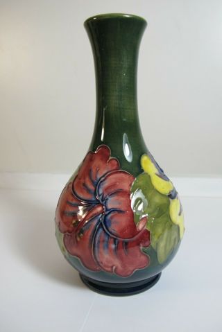 Vintage William Moorcroft England Pottery Deep Green Hibiscus Vase 6 " Labeled